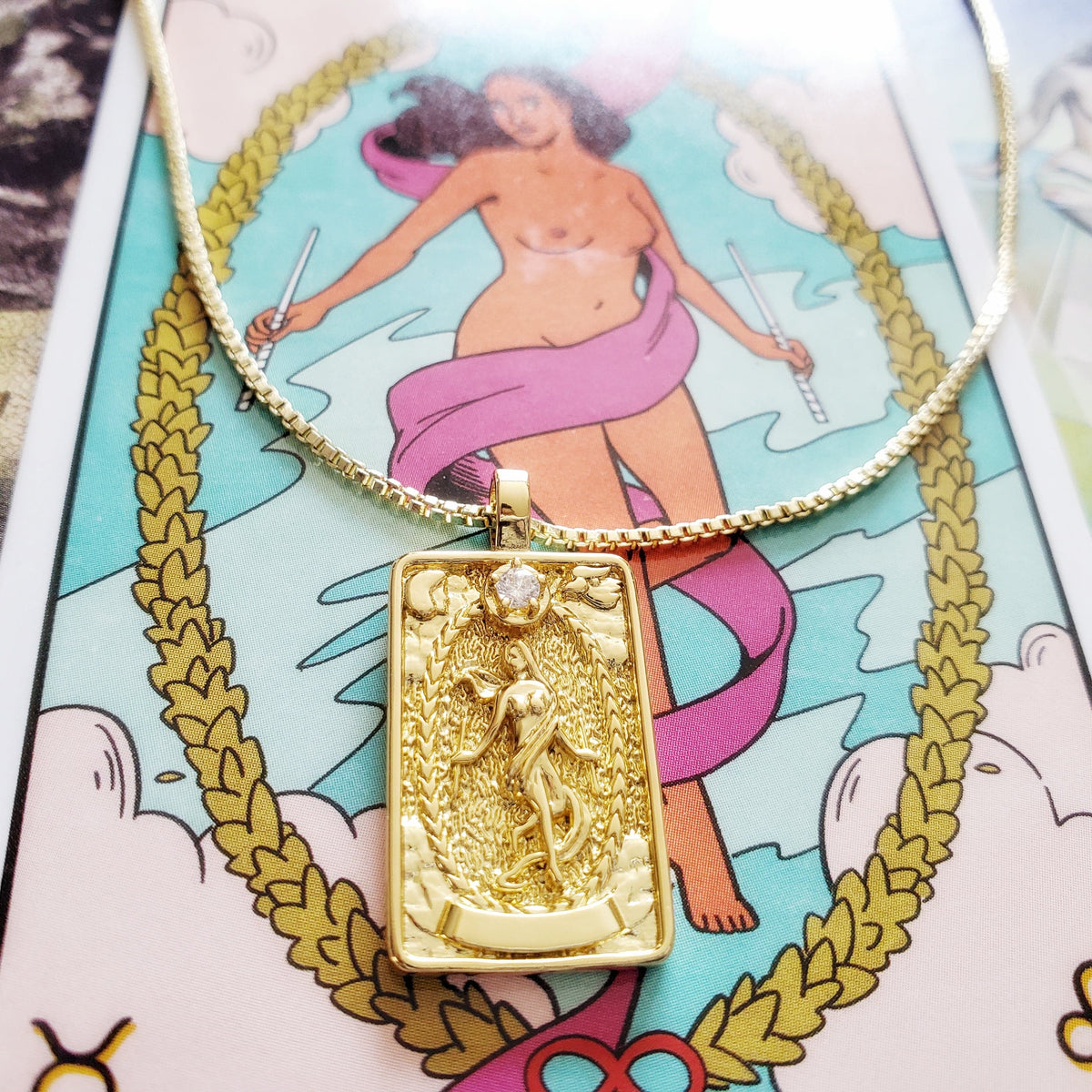 THE WORLD 14k Gold Tarot Card Necklace