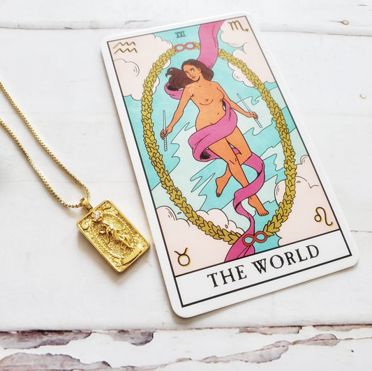 THE WORLD Tarot Card Necklace | 14K Gold Box Chain Pendant Necklace | Delicate, Minimalist Intention Necklace for Success, Travel & Wanderlust