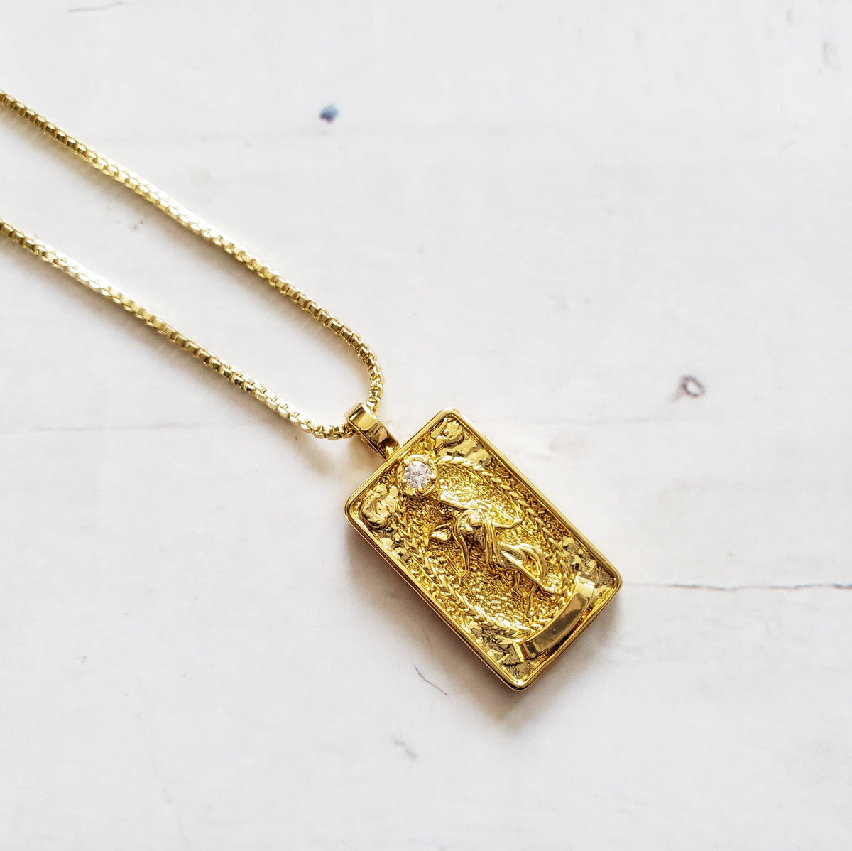 THE WORLD 14k Gold Tarot Card Necklace