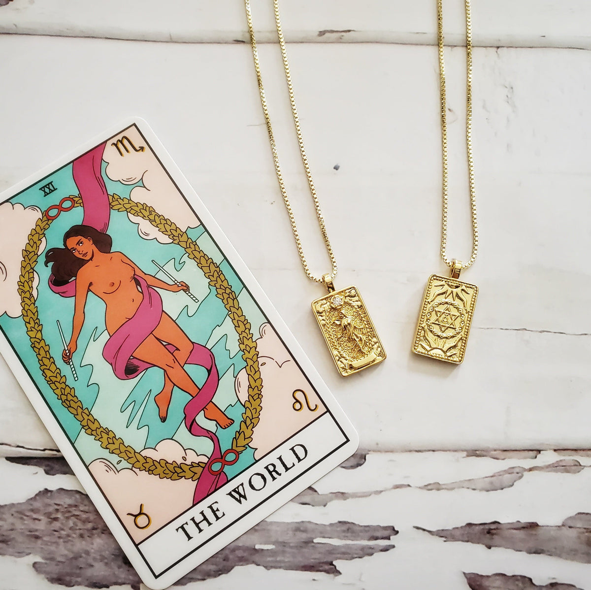 THE WORLD 14k Gold Tarot Card Necklace