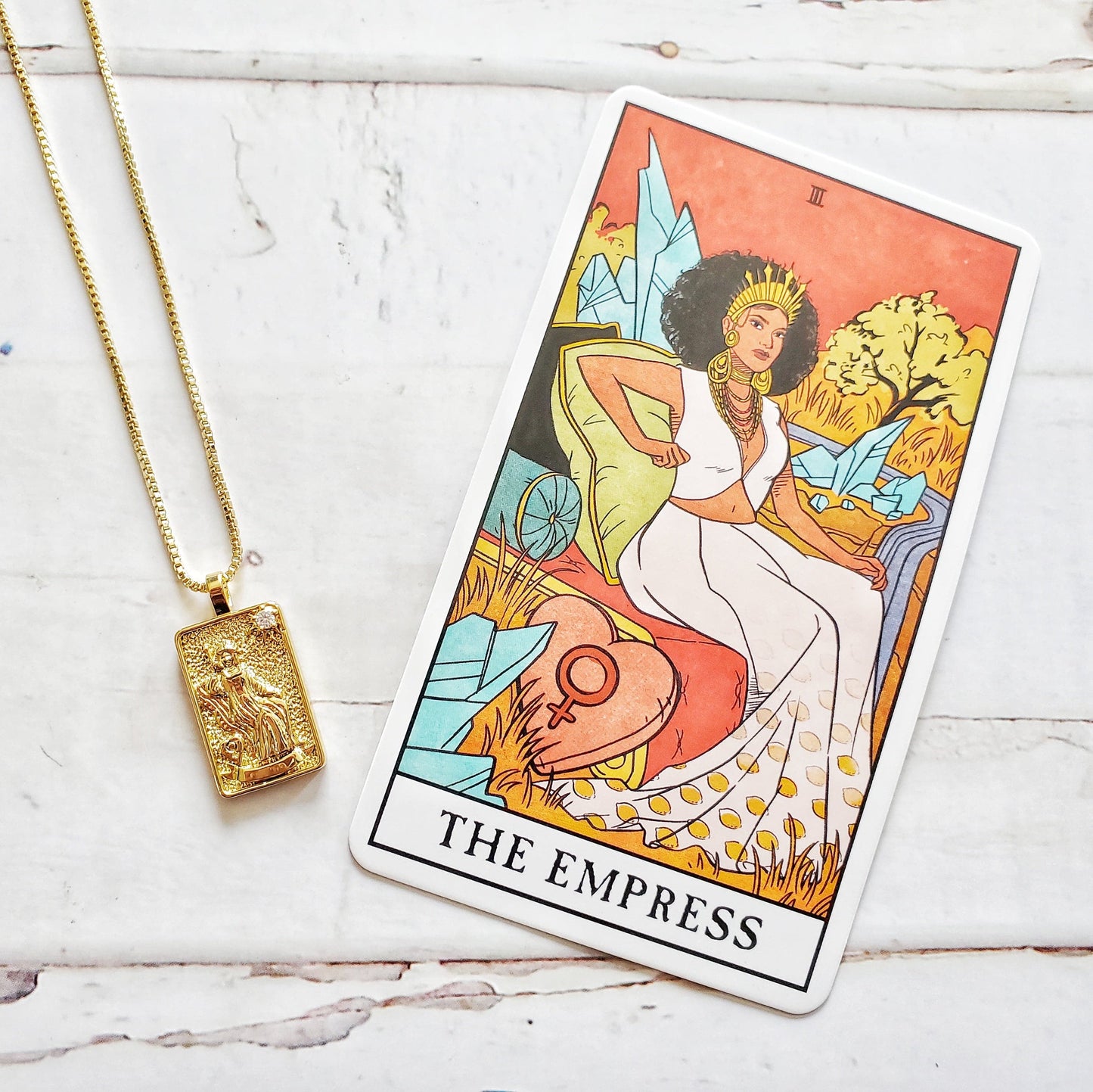 THE EMPRESS Tarot Card Necklace | 14K Gold Box Chain Pendant Necklace | Delicate, Minimalist Intention Necklace for Love & Abundance