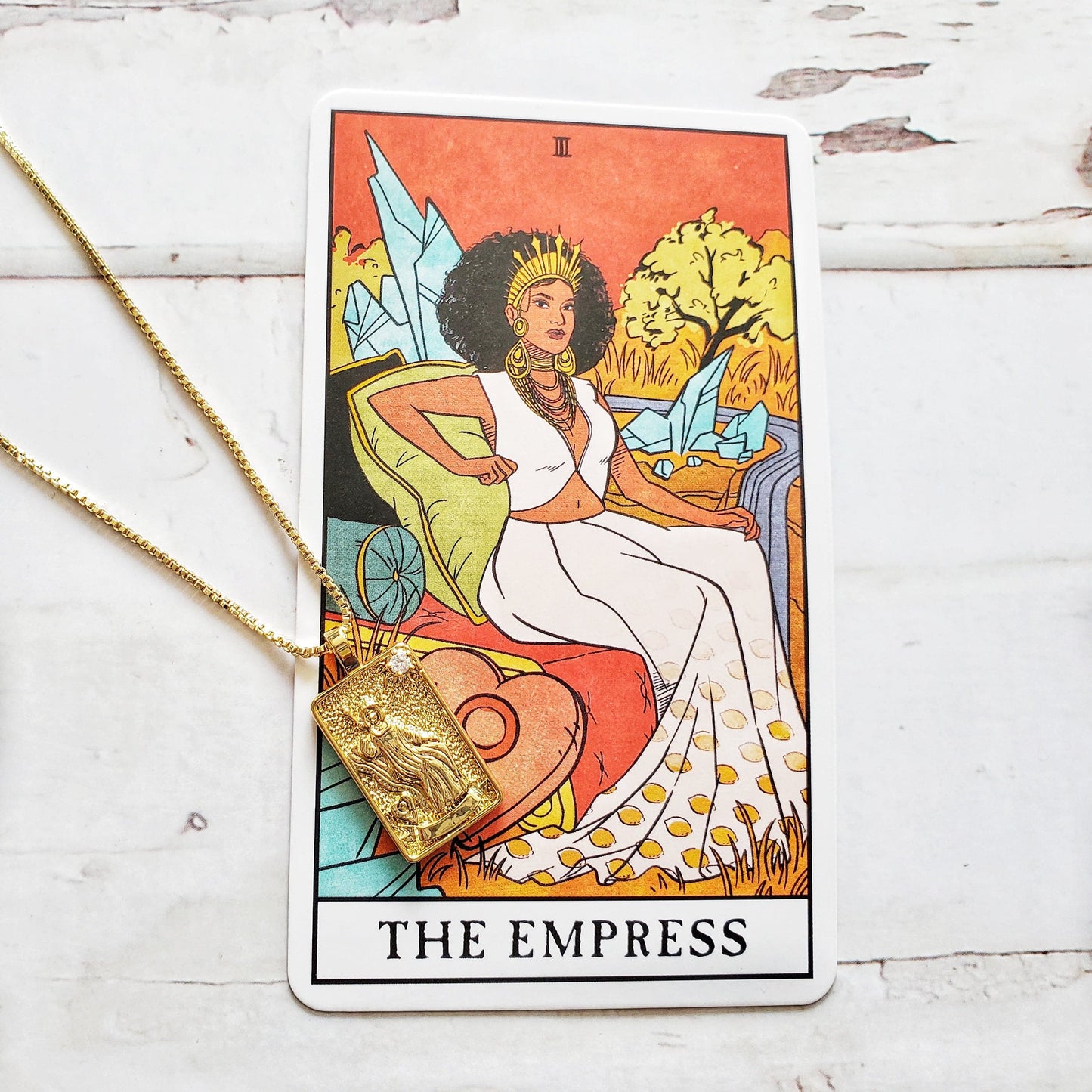 THE EMPRESS Tarot Card Necklace | 14K Gold Box Chain Pendant Necklace | Delicate, Minimalist Intention Necklace for Love & Abundance