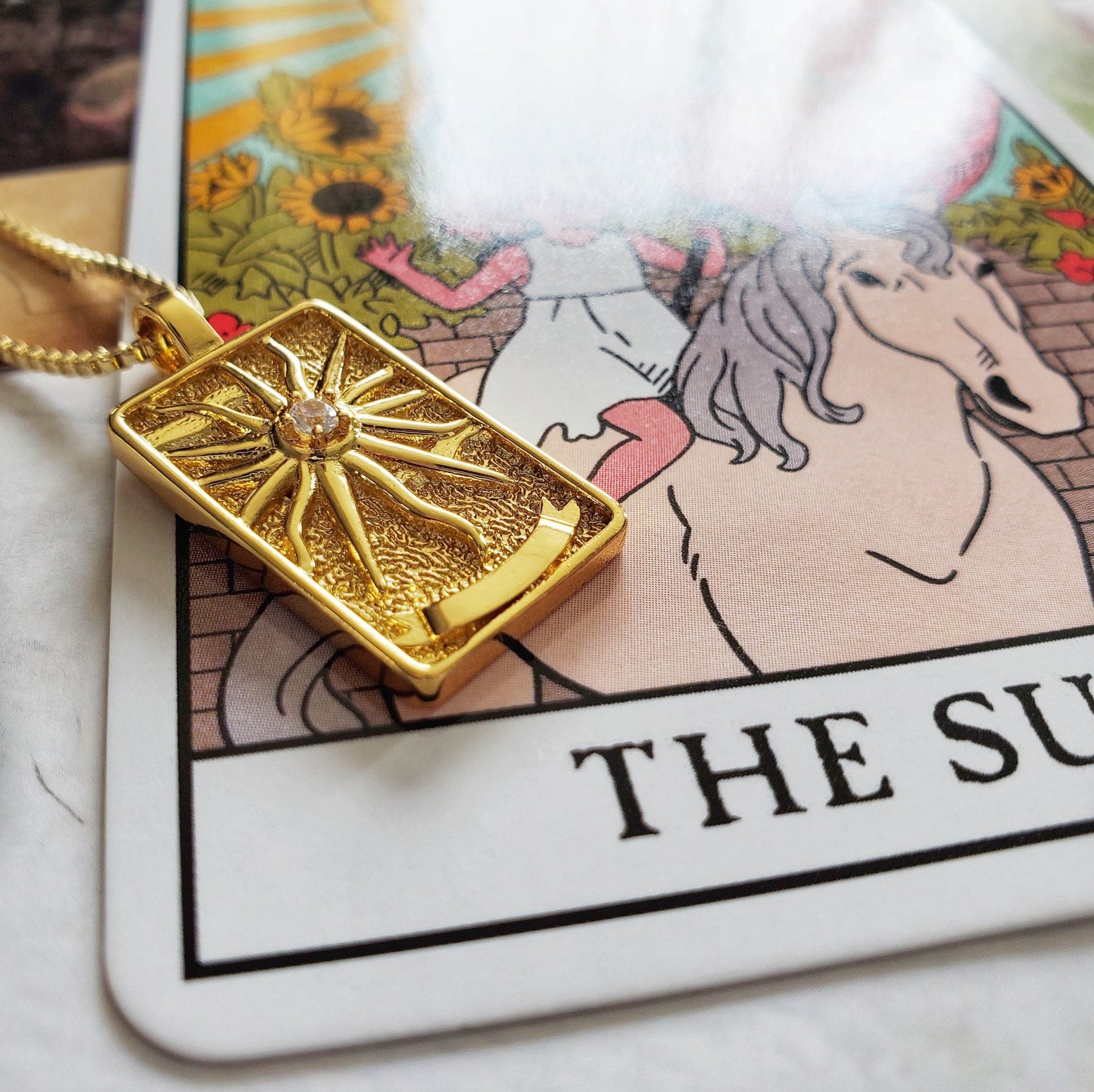 THE SUN Tarot Card Necklace | 14K Gold Box Chain Pendant Necklace | Delicate, Minimalist Intention Necklace for Good Fortune & Happiness