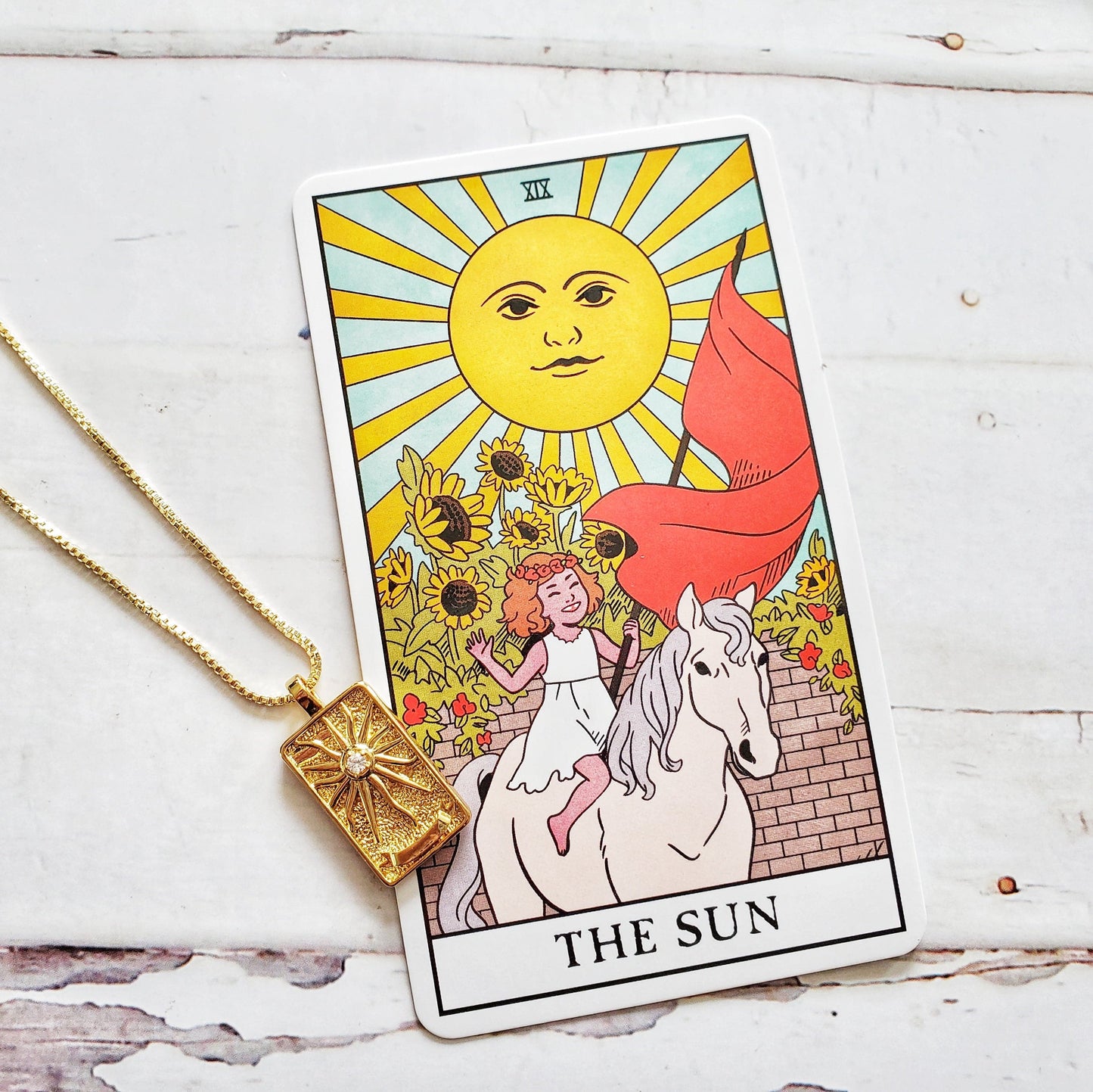 THE SUN Tarot Card Necklace | 14K Gold Box Chain Pendant Necklace | Delicate, Minimalist Intention Necklace for Good Fortune & Happiness