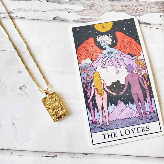 THE LOVERS Tarot Card Necklace | 14K Gold Box Chain Pendant Necklace | Dainty, Minimalist Intention Necklace for Love, Connection, Harmony