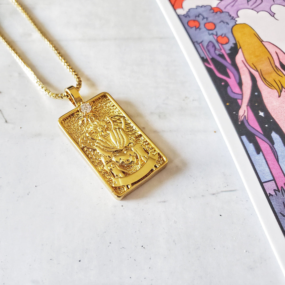 THE LOVERS 14k Gold Tarot Card Necklace