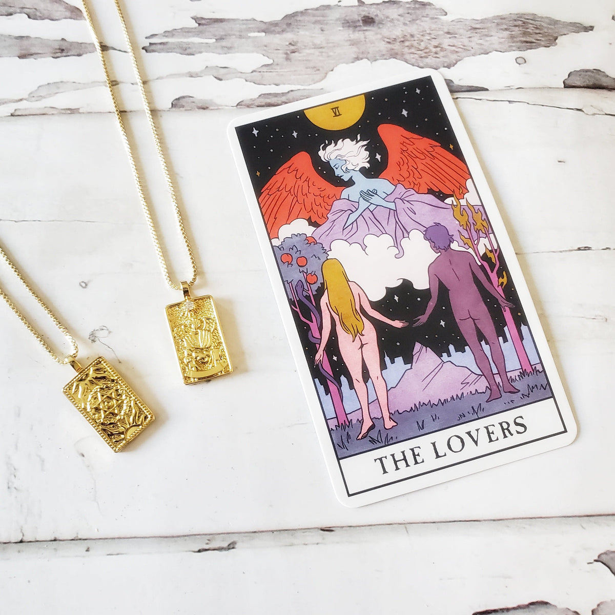 THE LOVERS 14k Gold Tarot Card Necklace