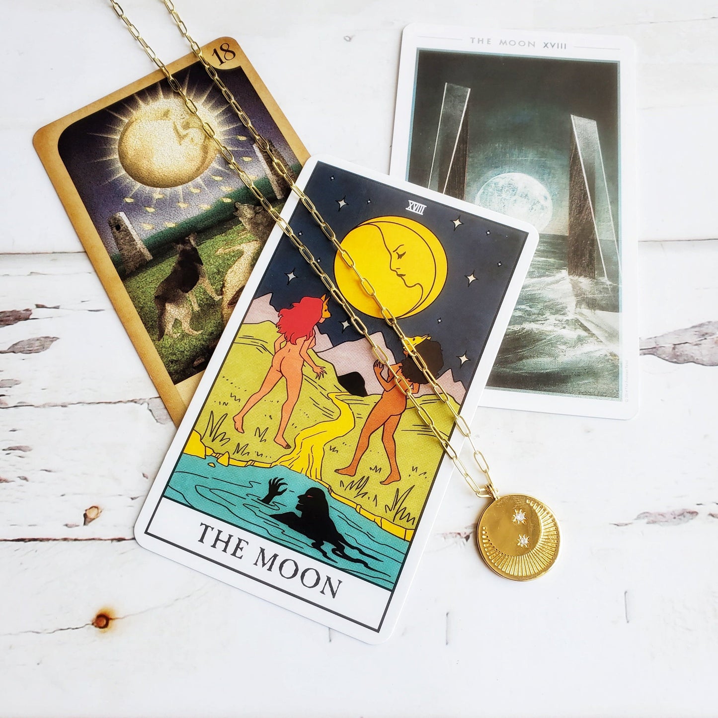 THE MOON Tarot Card | Adjustable 20K Gold Paperclip Chain | Minimalist Intention Coin Necklace | Spiritual Celestial Jewelry | Tarot Gift