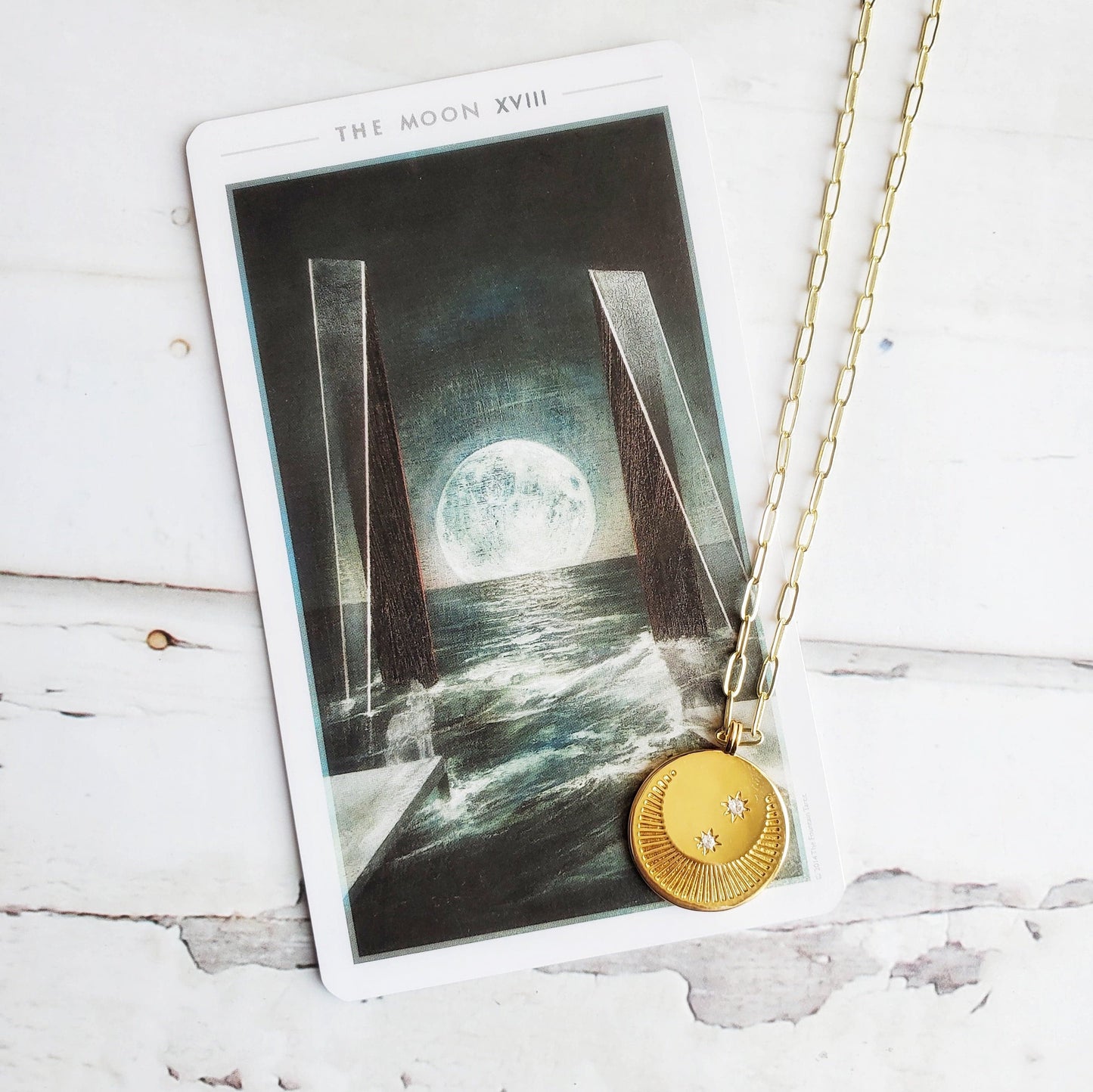 THE MOON Tarot Card | Adjustable 20K Gold Paperclip Chain | Minimalist Intention Coin Necklace | Spiritual Celestial Jewelry | Tarot Gift