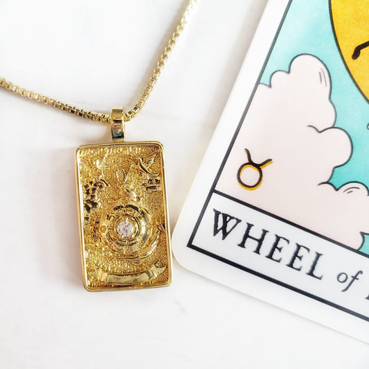 WHEEL OF FORTUNE Tarot Card Necklace | 14K Gold Box Chain Pendant Necklace | Dainty, Minimalist Intention Jewelry for Fate & Fortune