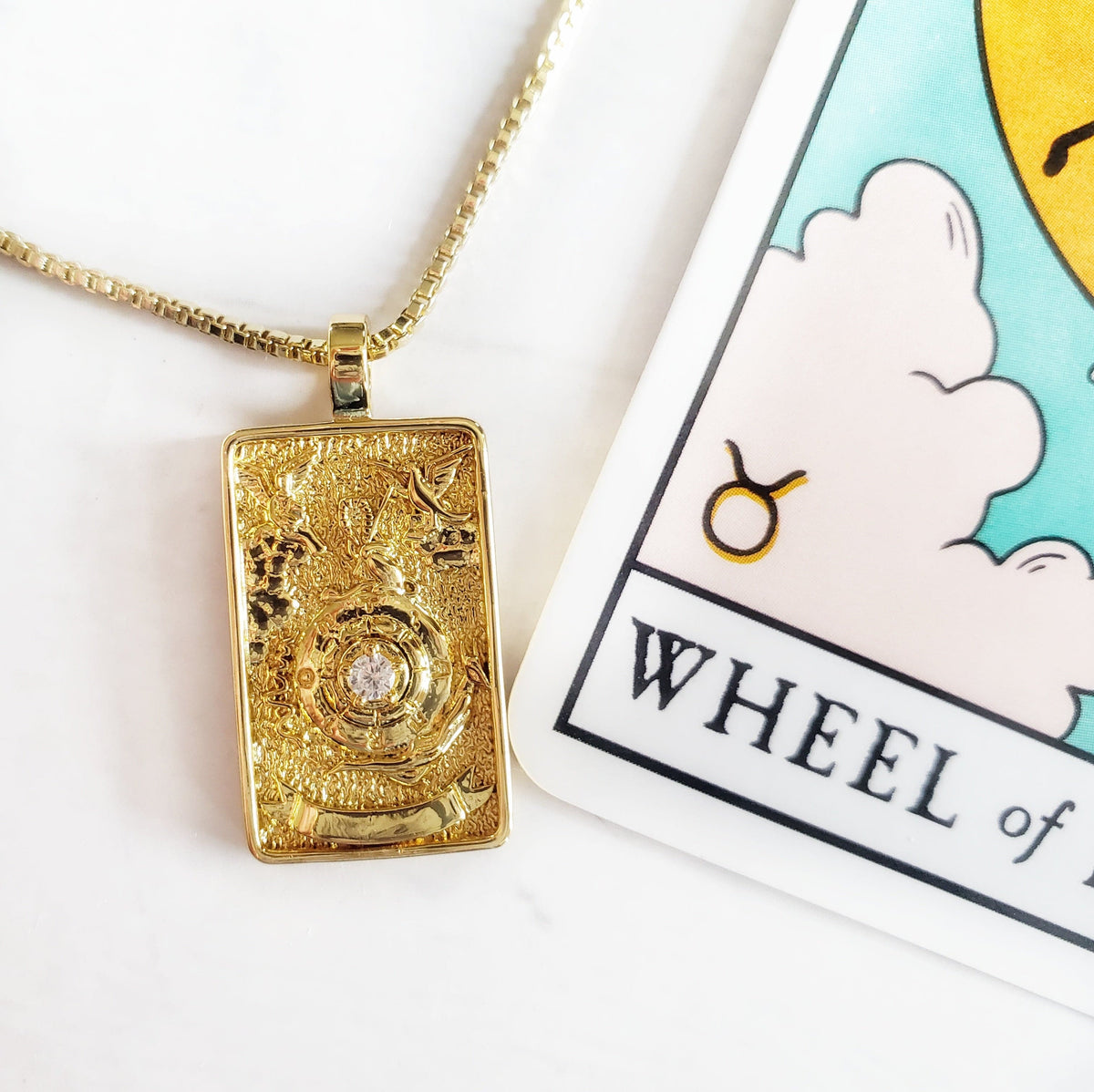 WHEEL OF FORTUNE 14k Gold Tarot Card Necklace