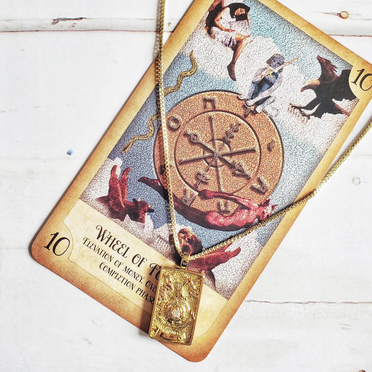 WHEEL OF FORTUNE 14k Gold Tarot Card Necklace