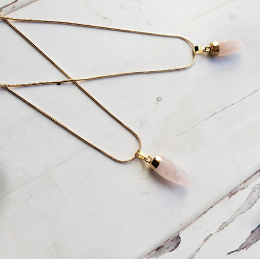ROSE QUARTZ | Pointed Pendulum Crystal Necklace | Universal Love, Trust, Harmony | Intention Necklace | Gold Snake Chain Pendant Necklace