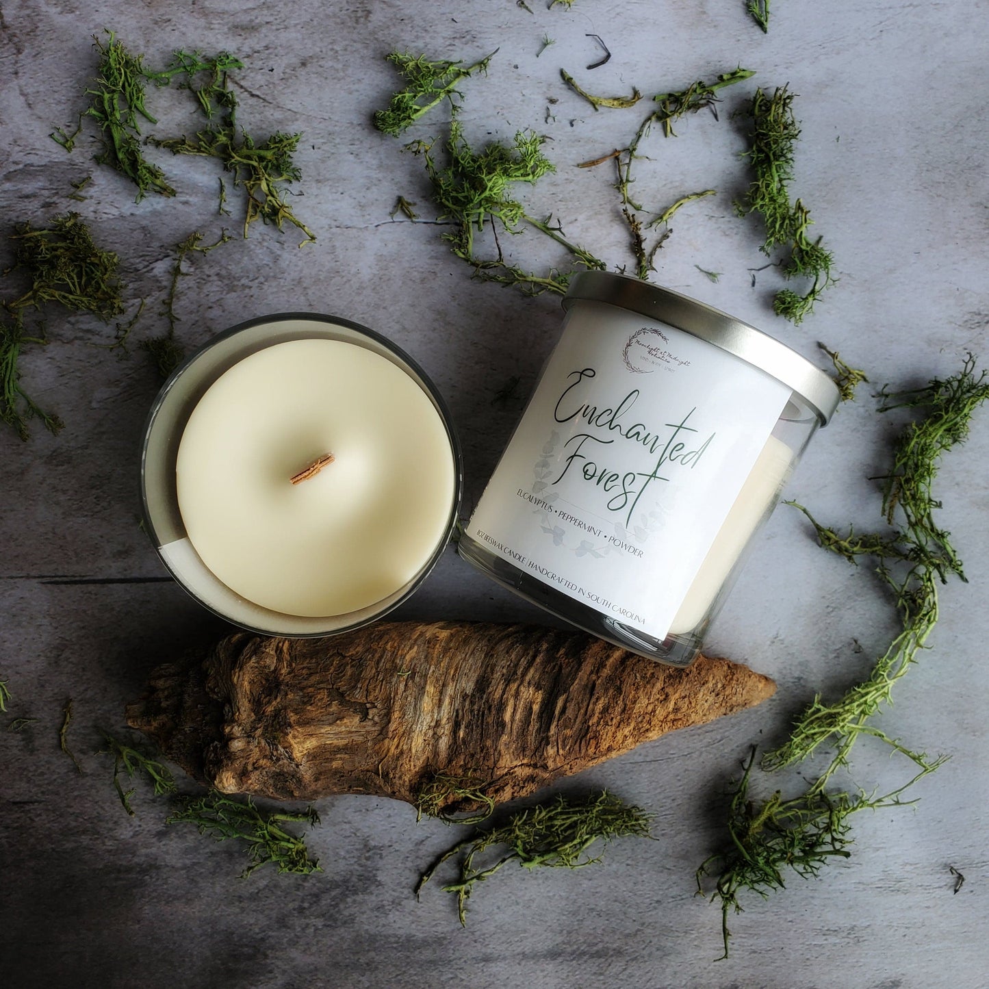 ENCHANTED FOREST | 8 oz Beeswax Candle | Eucalyptus Peppermint Candle | Tumbler Jar Candle | Handmade Wood Wick Candle | Magical Home Decor