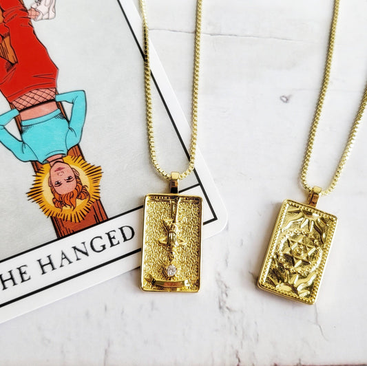 HANGED MAN Tarot Card Necklace | 14K Gold Box Chain Pendant Necklace | Delicate, Minimalist Intention Celestial Necklace | Astrology Jewelry