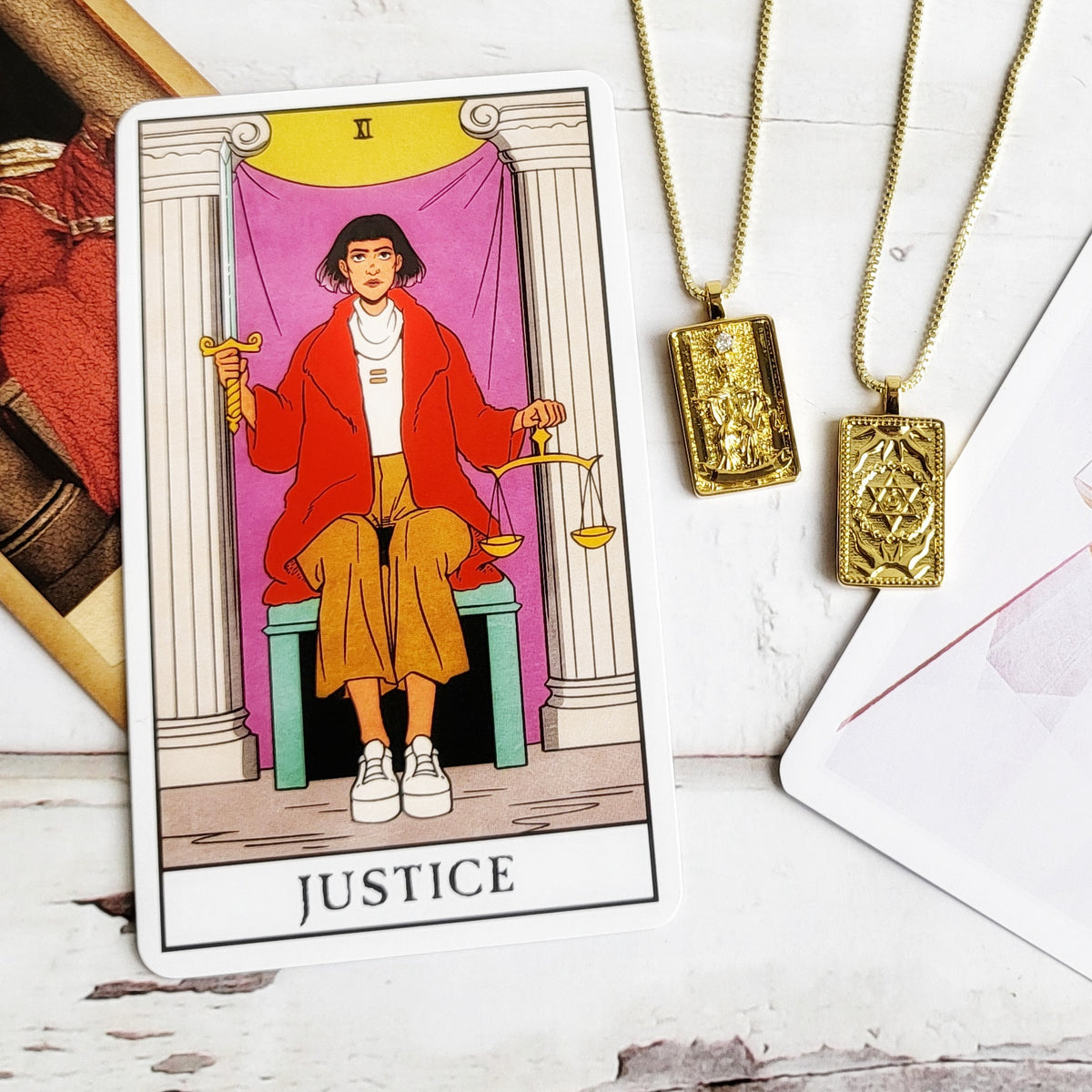 JUSTICE 14k Gold Tarot Card Necklace