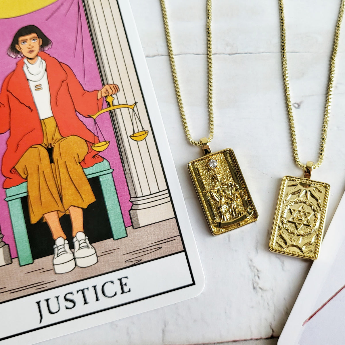 JUSTICE 14k Gold Tarot Card Necklace