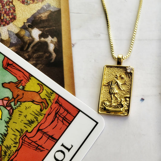 THE FOOL Tarot Card Necklace | 14K Gold Box Chain Pendant Necklace | Delicate, Minimalist Intention Celestial Necklace | Astrology Jewelry