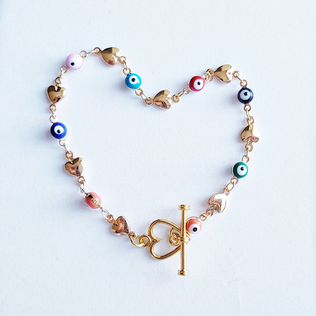 Evil Eye | 14k Gold Heart Rainbow Toggle Bracelet