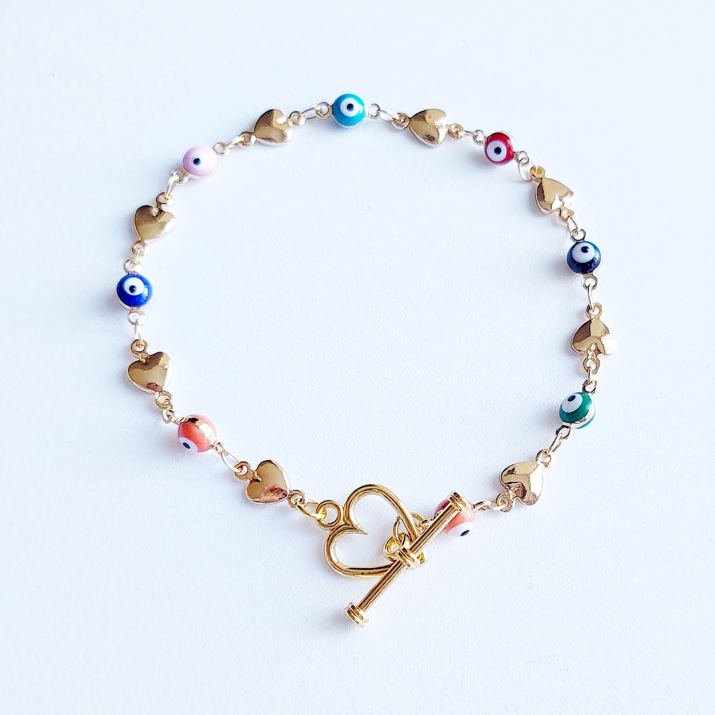 Evil Eye | 14k Gold Evil Eye Bracelet | Good Luck & Protection |  Minimalist Evil Eye Rainbow Heart Jewelry | Tiny Evil Eye Chain Bracelet