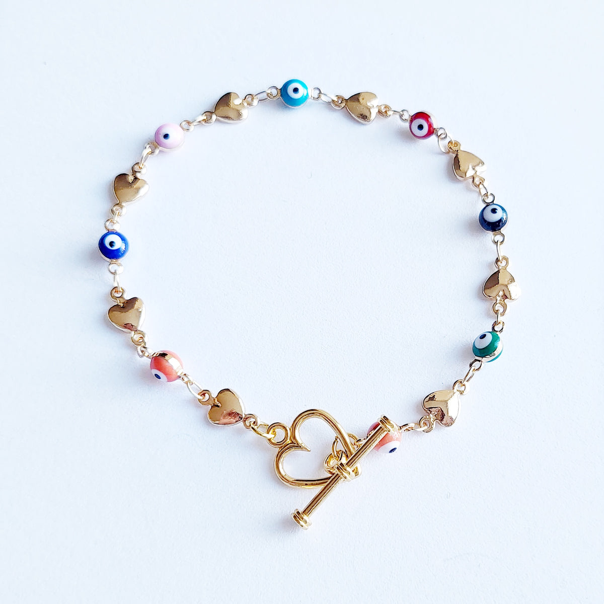 Evil Eye | 14k Gold Heart Rainbow Toggle Bracelet