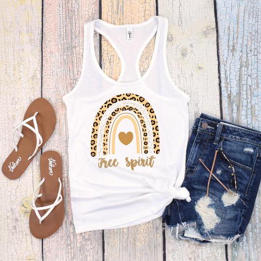 FREE SPIRIT | Leopard Print Boho Rainbow Tee | Women's Graphic Yoga Tank Top | Hippie Aesthetic | Good Vibes Summer Shirt | Indie Clothes