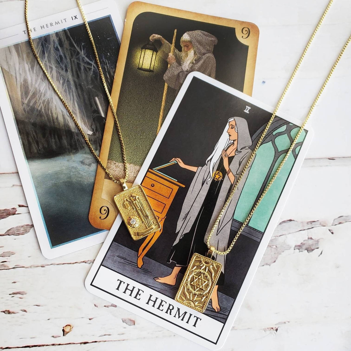 THE HERMIT Tarot Deck Card Necklace | 14K Gold Box Chain Pendant Necklace | Delicate, Minimalist Intention Necklace | Dainty Tarot Jewelry