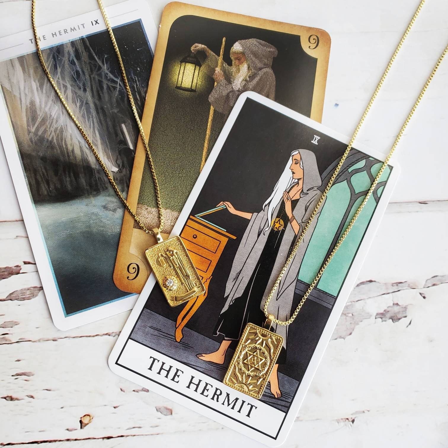 THE HERMIT Tarot Deck Card Necklace | 14K Gold Box Chain Pendant Necklace | Delicate, Minimalist Intention Necklace | Dainty Tarot Jewelry