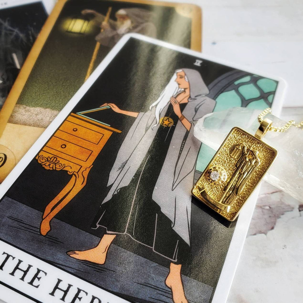 THE HERMIT Tarot Deck Card Necklace | 14K Gold Box Chain Pendant Necklace | Delicate, Minimalist Intention Necklace | Dainty Tarot Jewelry