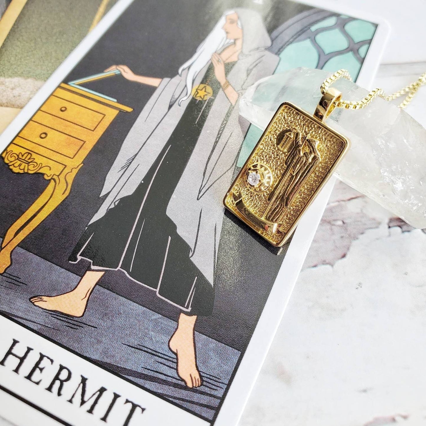 THE HERMIT Tarot Deck Card Necklace | 14K Gold Box Chain Pendant Necklace | Delicate, Minimalist Intention Necklace | Dainty Tarot Jewelry