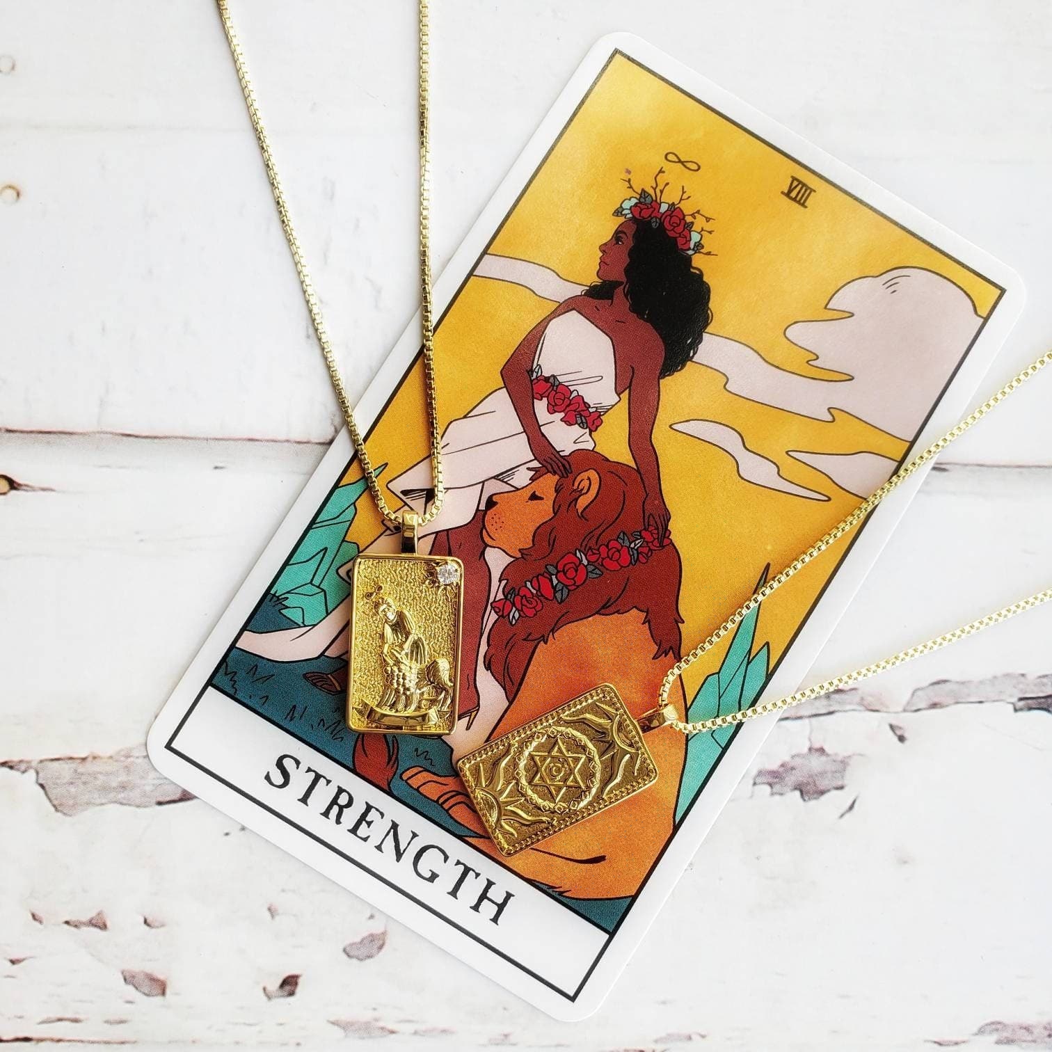 THE STRENGTH Tarot Deck Card Necklace | 14K Gold Box Chain Pendant Necklace | Delicate, Minimalist Intention Necklace | Witchy Jewelry Gift
