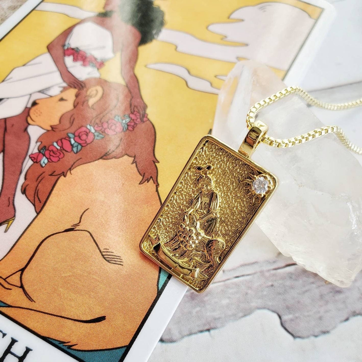 THE STRENGTH Tarot Deck Card Necklace | 14K Gold Box Chain Pendant Necklace | Delicate, Minimalist Intention Necklace | Witchy Jewelry Gift