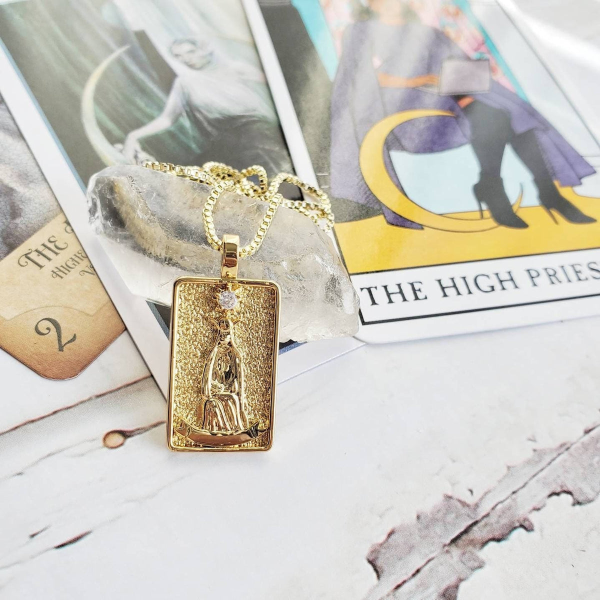 THE HIGH PRIESTESS Tarot Deck Card Necklace | 14K Gold Box Chain Pendant Necklace | Delicate, Minimalist Intention Necklace | Tarot Jewelry