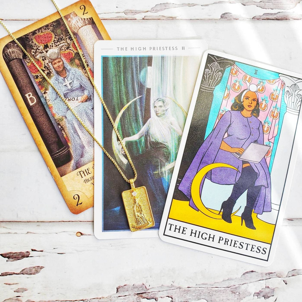 THE HIGH PRIESTESS Tarot Deck Card Necklace | 14K Gold Box Chain Pendant Necklace | Delicate, Minimalist Intention Necklace | Tarot Jewelry
