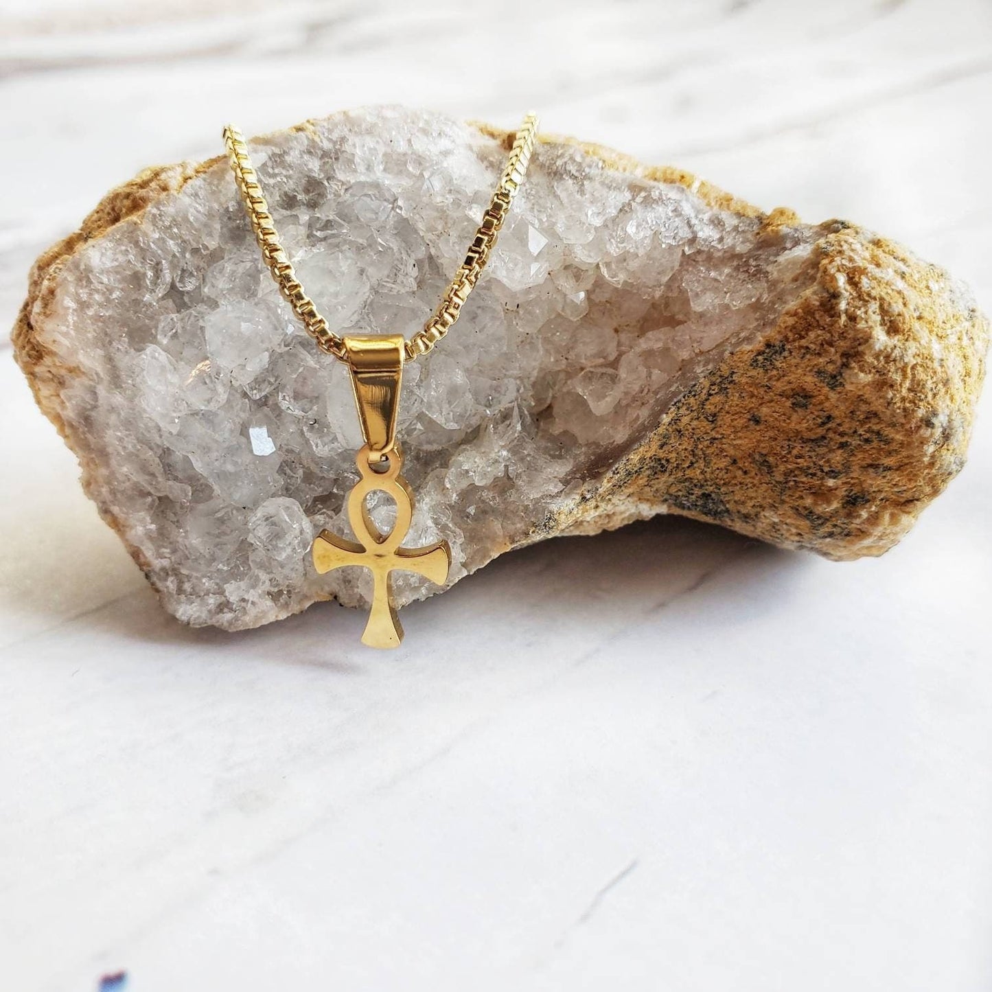 ANKH | 14K Gold Box Chain Necklace | Delicate Ankh Pendant Necklace | Couples Necklace | Fertility Goddess Pendant | Egyptian Cross Jewelry