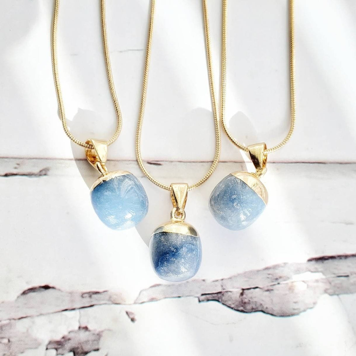 ANGELITE | Handmade Throat Chakra Crystal Healing Necklace | Celestite Crystal | Intention Gemstone Jewelry | Dainty Gold Snake Chain