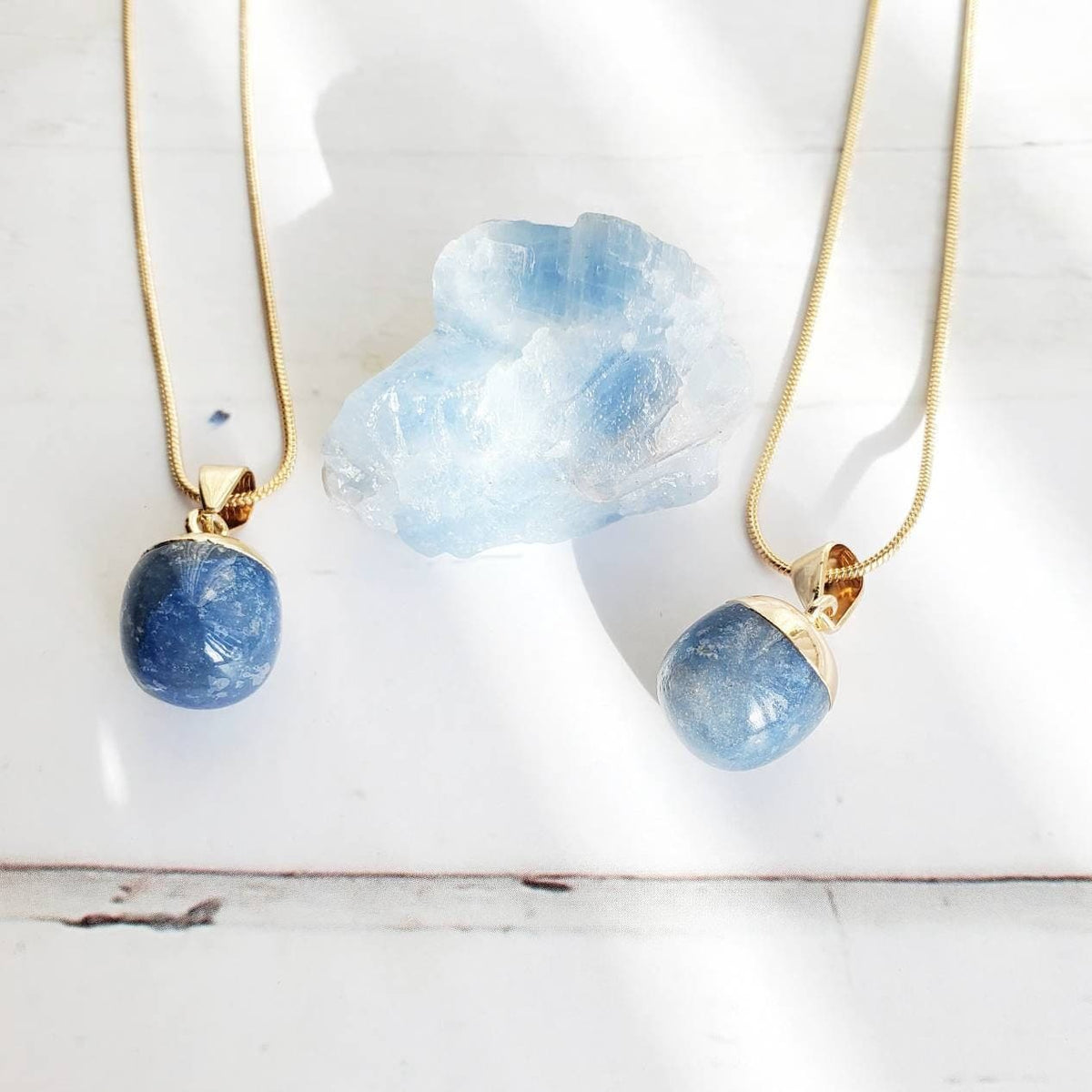 ANGELITE | Handmade Throat Chakra Crystal Healing Necklace | Celestite Crystal | Intention Gemstone Jewelry | Dainty Gold Snake Chain