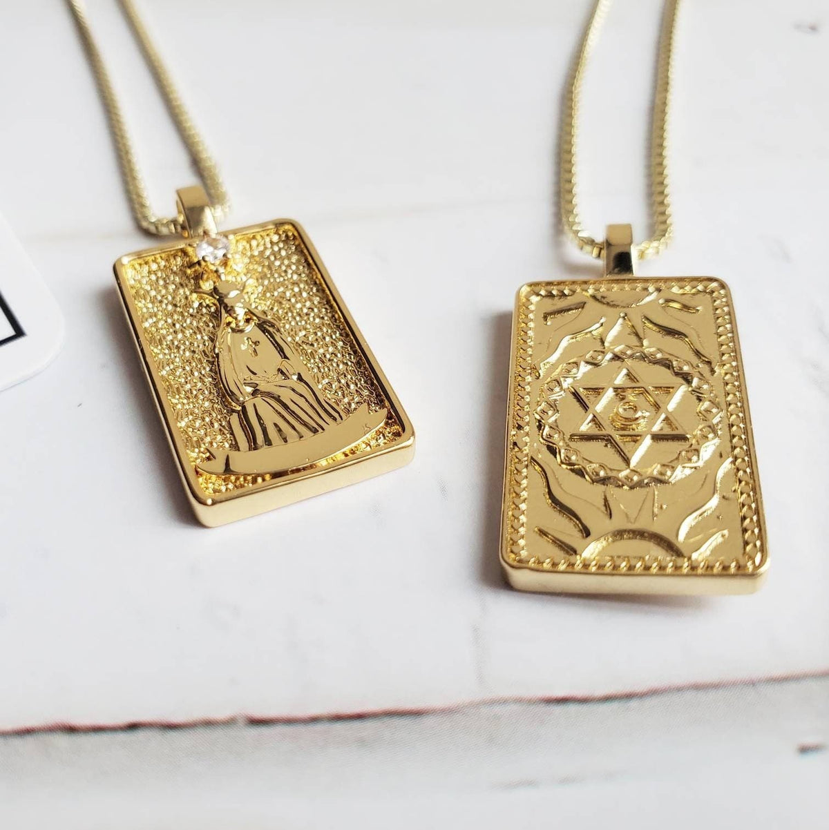 THE HIGH PRIESTESS Tarot Deck Card Necklace | 14K Gold Box Chain Pendant Necklace | Delicate, Minimalist Intention Necklace | Tarot Jewelry