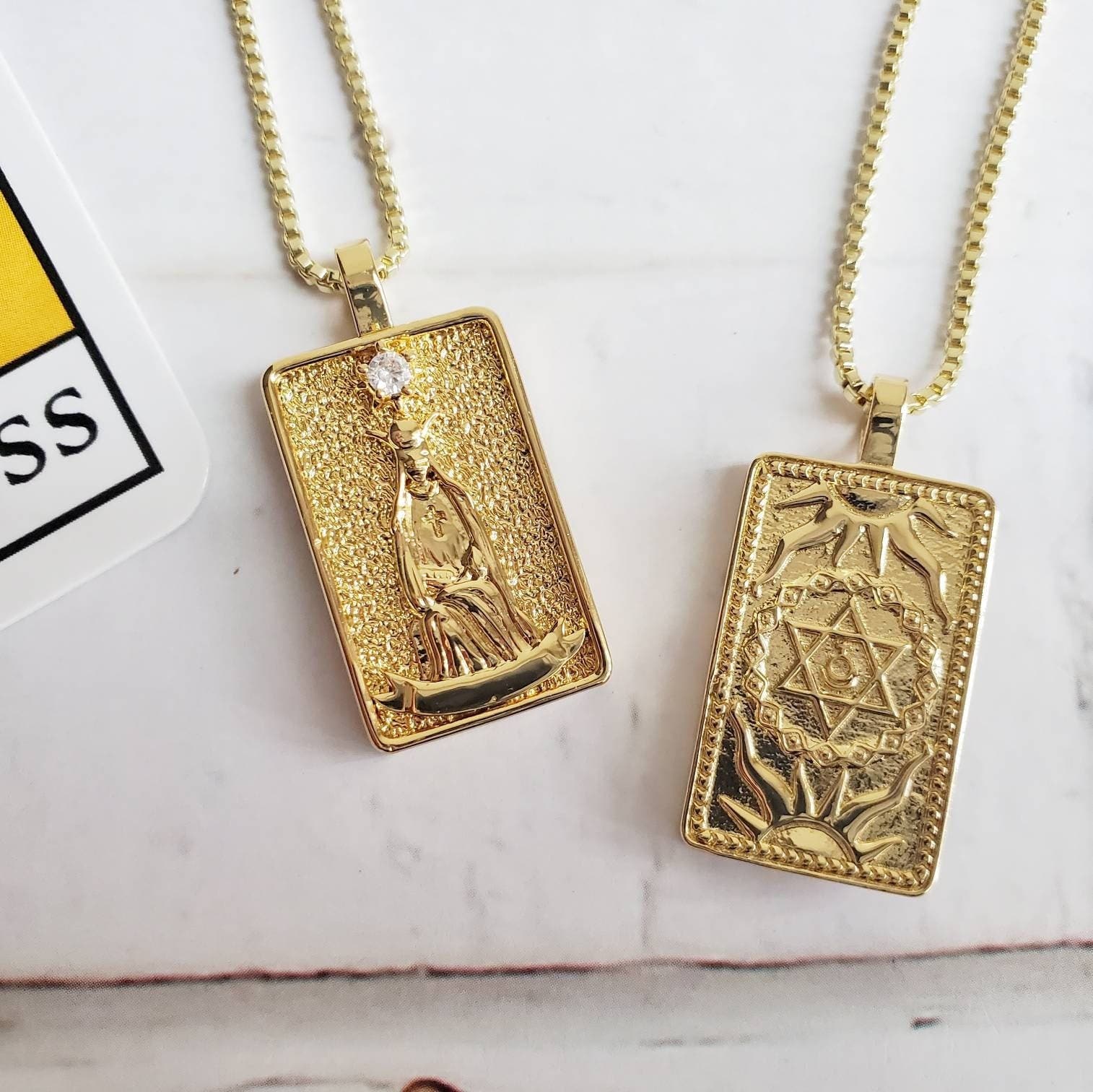 THE HIGH PRIESTESS Tarot Deck Card Necklace | 14K Gold Box Chain Pendant Necklace | Delicate, Minimalist Intention Necklace | Tarot Jewelry