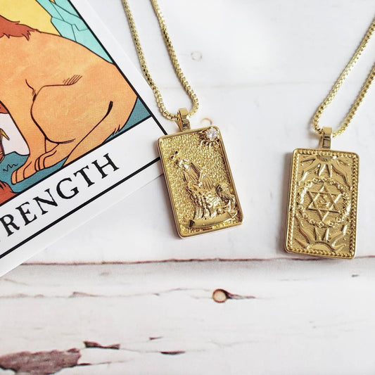 THE STRENGTH Tarot Deck Card Necklace | 14K Gold Box Chain Pendant Necklace | Delicate, Minimalist Intention Necklace | Witchy Jewelry Gift