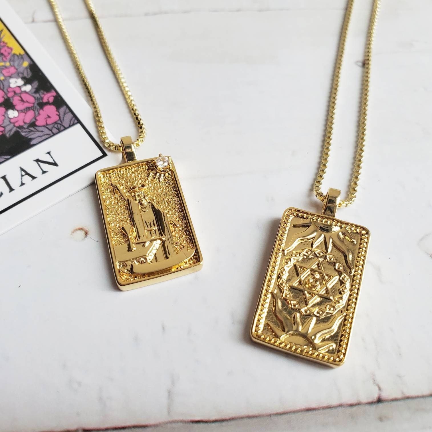 THE MAGICIAN Deck Tarot Card  | 14K Gold Box Chain Pendant Necklace | Delicate, Minimalist Intention Necklace | Manifestation Jewelry