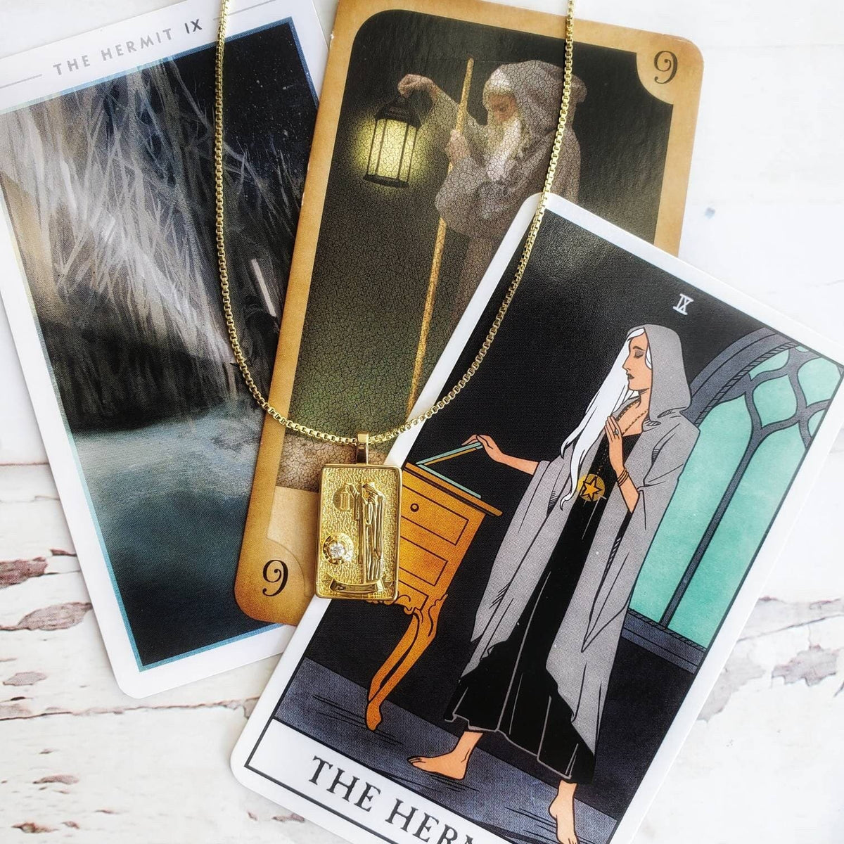 THE HERMIT Tarot Deck Card Necklace | 14K Gold Box Chain Pendant Necklace | Delicate, Minimalist Intention Necklace | Dainty Tarot Jewelry