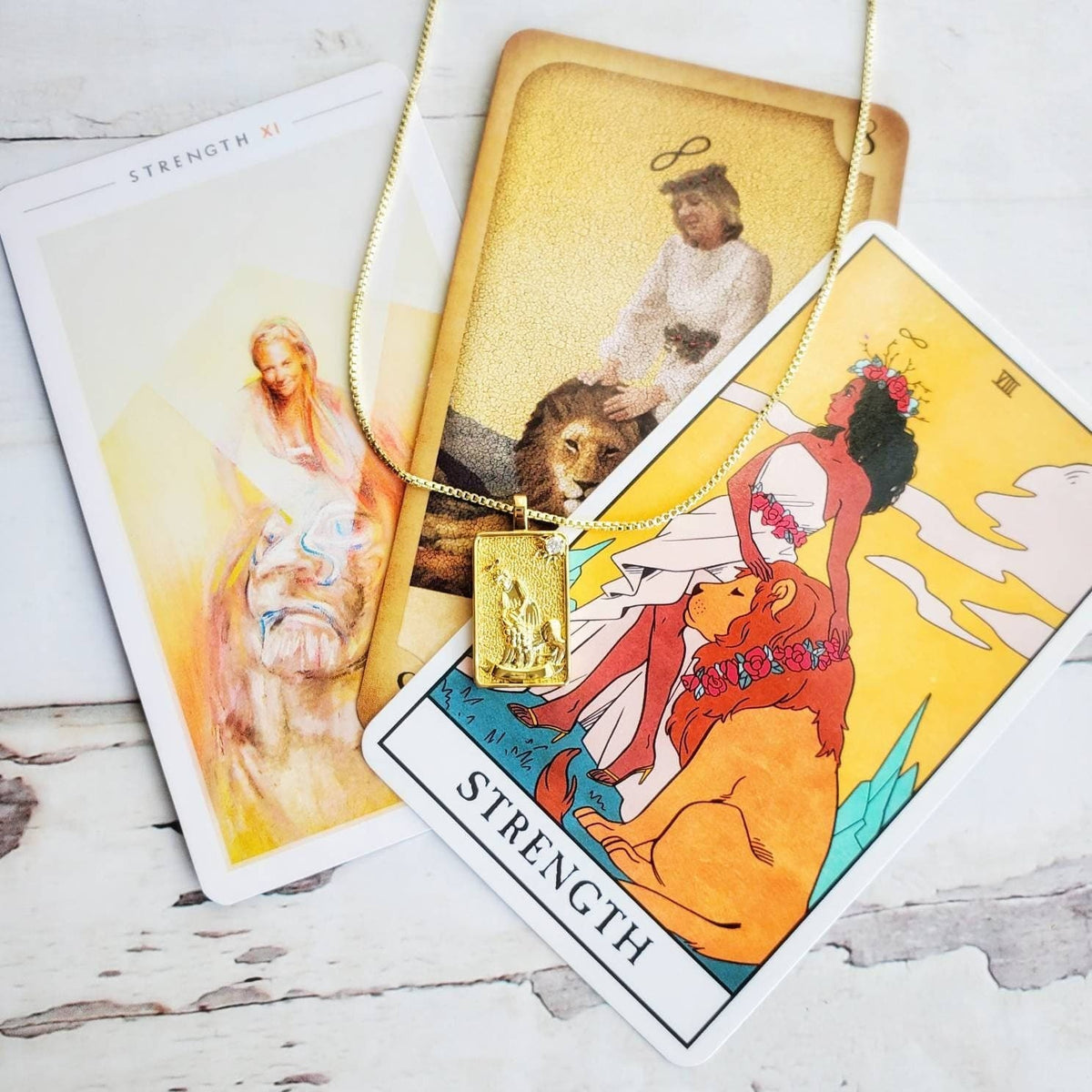 THE STRENGTH Tarot Deck Card Necklace | 14K Gold Box Chain Pendant Necklace | Delicate, Minimalist Intention Necklace | Witchy Jewelry Gift