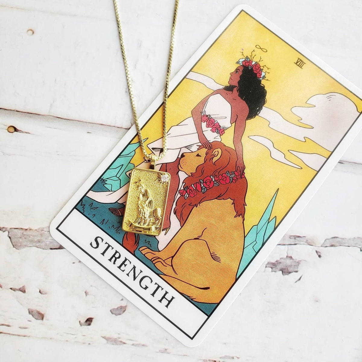 THE STRENGTH Tarot Deck Card Necklace | 14K Gold Box Chain Pendant Necklace | Delicate, Minimalist Intention Necklace | Witchy Jewelry Gift