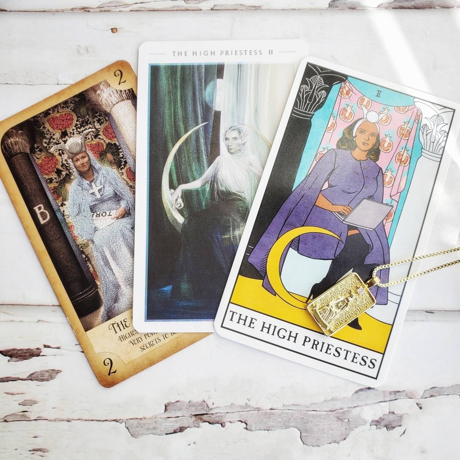 THE HIGH PRIESTESS Tarot Deck Card Necklace | 14K Gold Box Chain Pendant Necklace | Delicate, Minimalist Intention Necklace | Tarot Jewelry