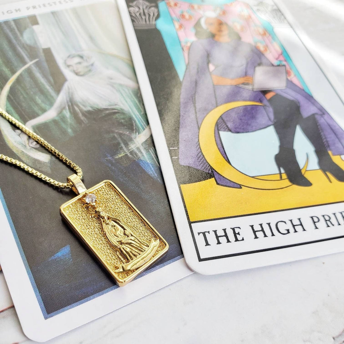 THE HIGH PRIESTESS Tarot Deck Card Necklace | 14K Gold Box Chain Pendant Necklace | Delicate, Minimalist Intention Necklace | Tarot Jewelry