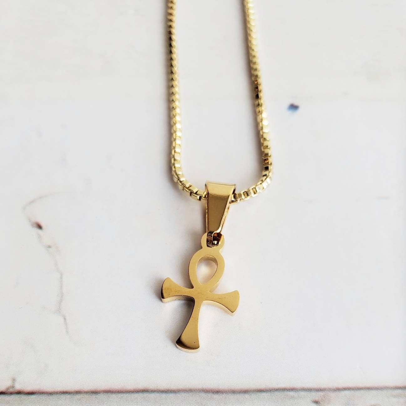 ANKH | 14K Gold Box Chain Necklace | Delicate Ankh Pendant Necklace | Couples Necklace | Fertility Goddess Pendant | Egyptian Cross Jewelry