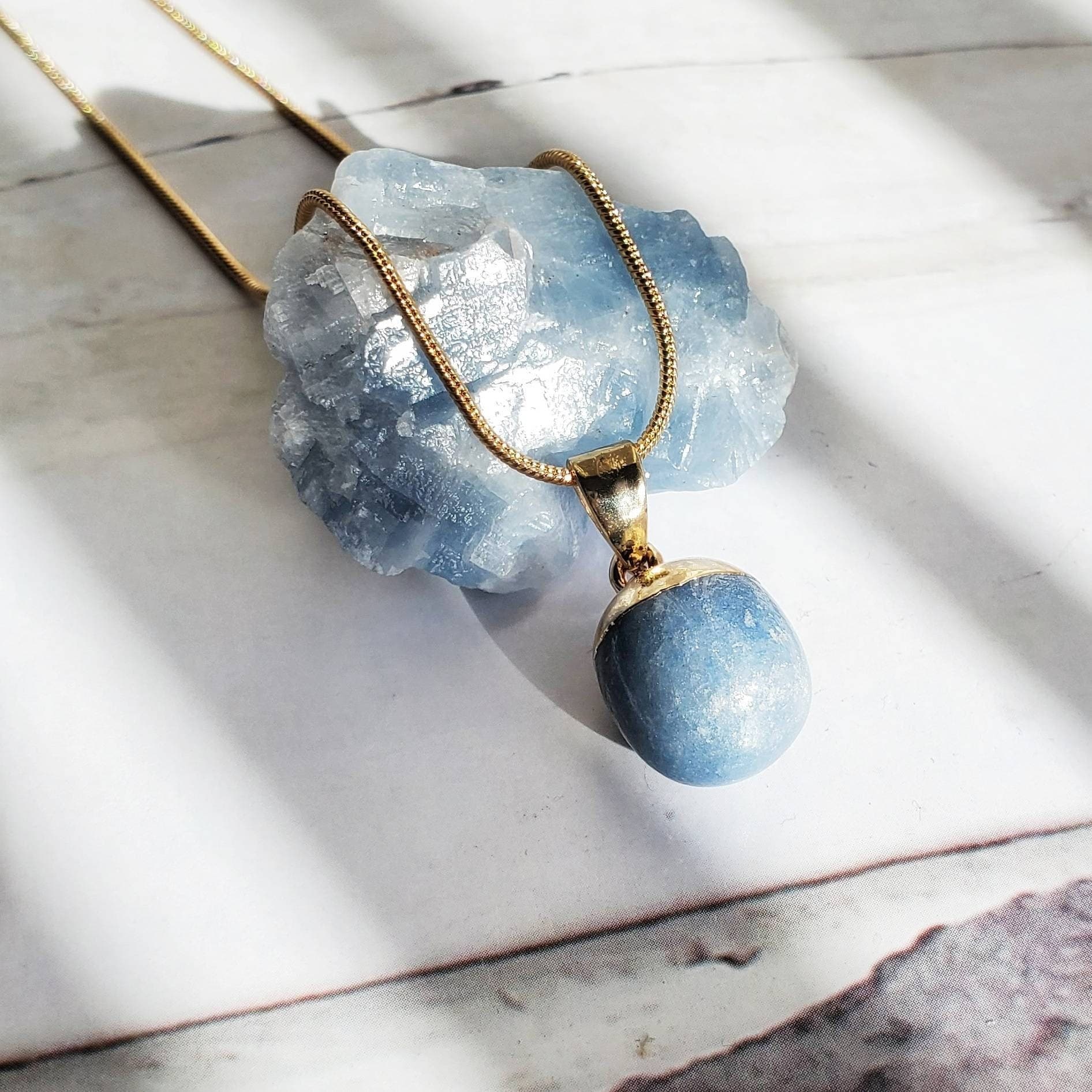 ANGELITE | Handmade Throat Chakra Crystal Healing Necklace | Celestite Crystal | Intention Gemstone Jewelry | Dainty Gold Snake Chain