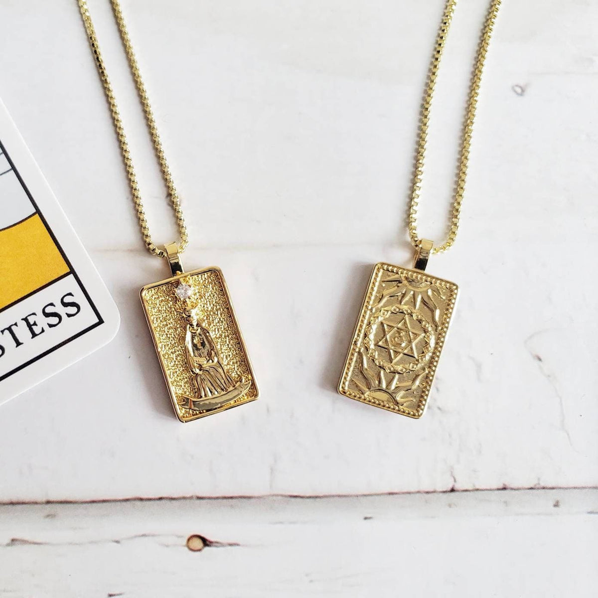 THE HIGH PRIESTESS Tarot Deck Card Necklace | 14K Gold Box Chain Pendant Necklace | Delicate, Minimalist Intention Necklace | Tarot Jewelry