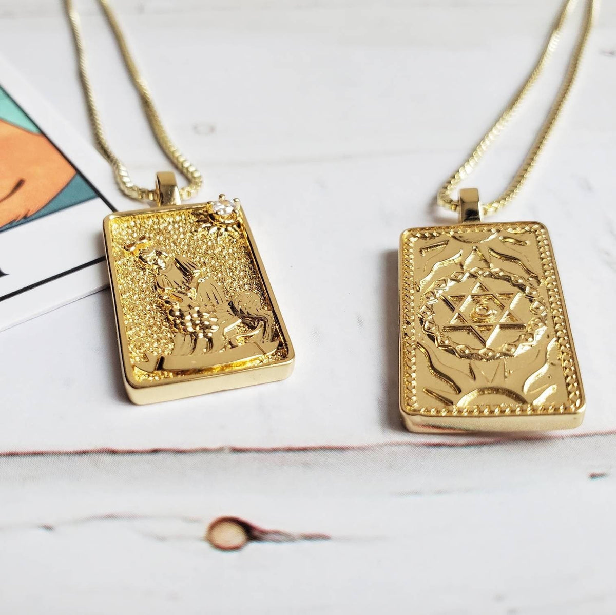 THE STRENGTH Tarot Deck Card Necklace | 14K Gold Box Chain Pendant Necklace | Delicate, Minimalist Intention Necklace | Witchy Jewelry Gift